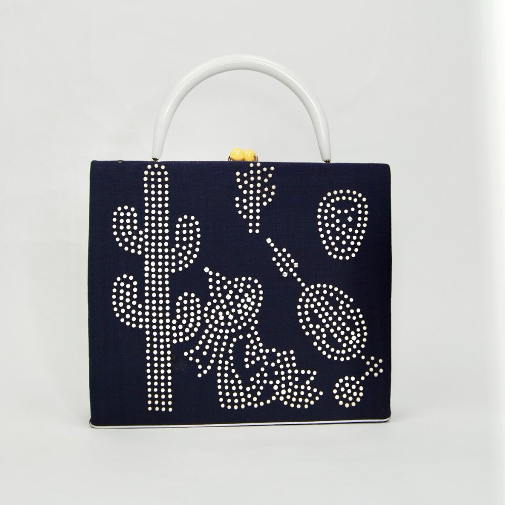 RARE Vintage Handbag 1940 1950 Blue Top Handle Studded Cactus Mexican Purse Bag